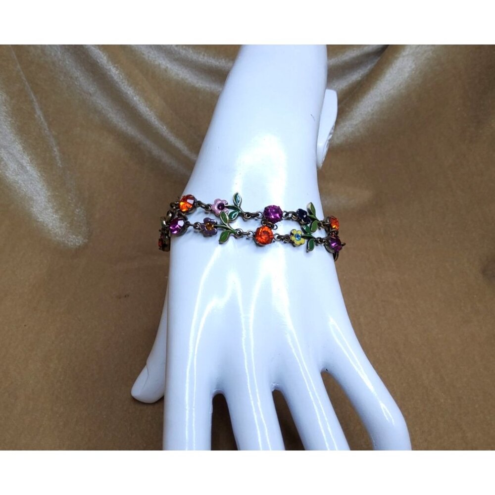 Vintage DKNY Antiqued Goldtone, Multi-colored Crystal and Enamel Flower Double S